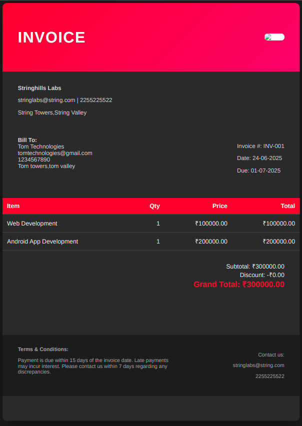 Black Red invoice template preview