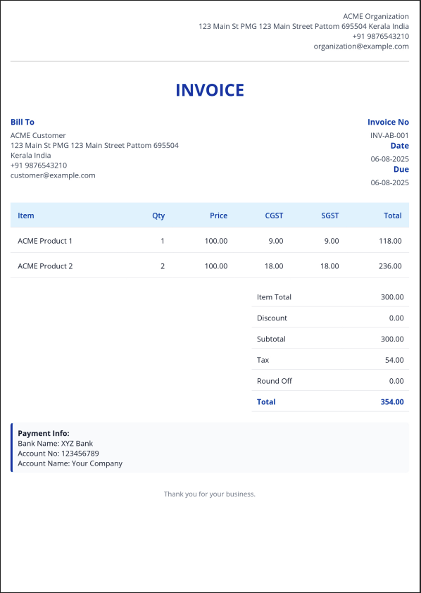 Blue Ledger invoice template preview